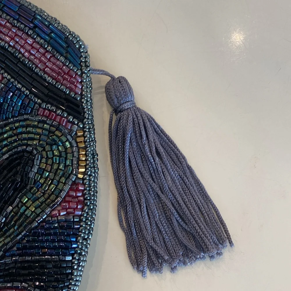 Vintage Beaded Clutch.  Multi‎ cColors on Front, Grey on Back.  Tassels.